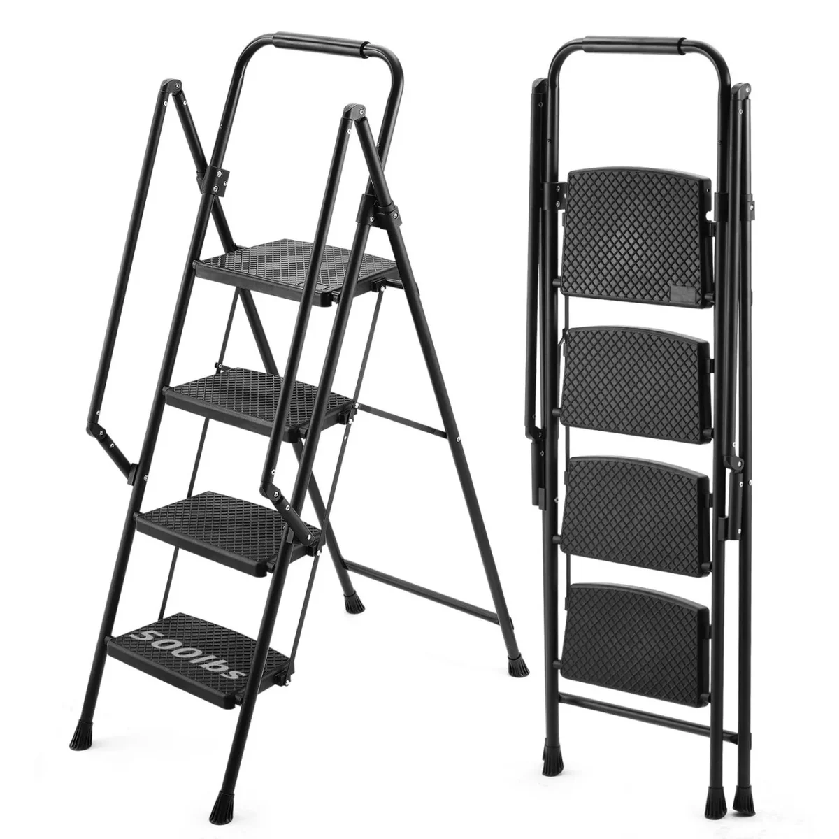 JAMPOOCA 4-Step Ladder, Folding Step Stool with Handrails & Wide Anti-Slip Pedals, Max Load Capacity 500lbs Sturdy Steel Ladder, Lightweight Portable Ladd 3876