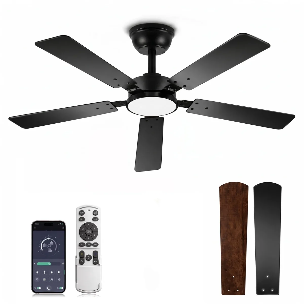 DAYBETTER 52 Inch Ceiling Fan with Lights, 6-Speed Quiet Reversible DC Motor, Stepless Dimmable LED , Remote & Bluetooth APP Control, 1/4/8H Time 7349