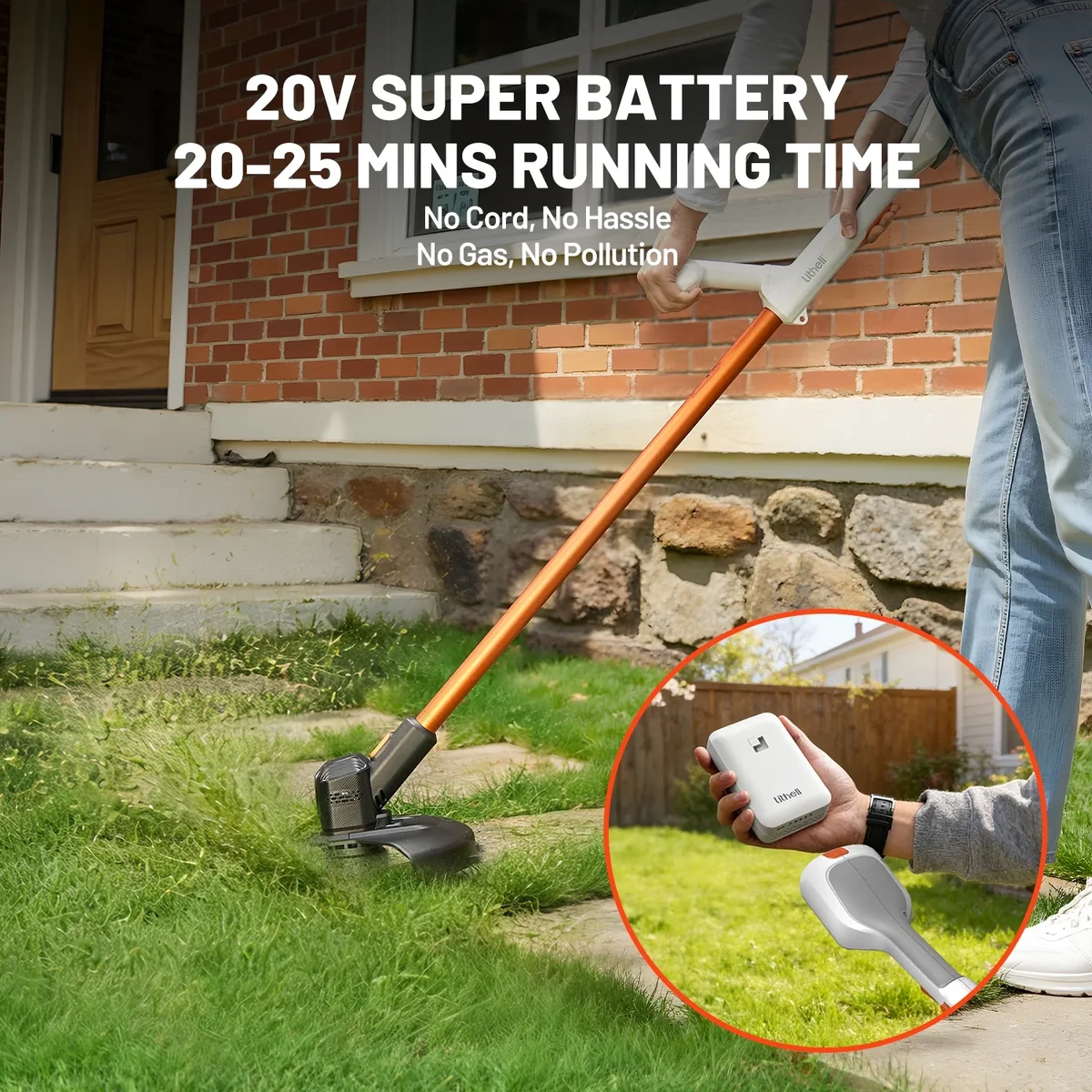 Litheli 20V 12" Cordless String Trimmer, Battery Powered Grass Trimmer & Wheeled Edger, with 2.0Ah Battery, for Garden, Yard and Farm 1263
