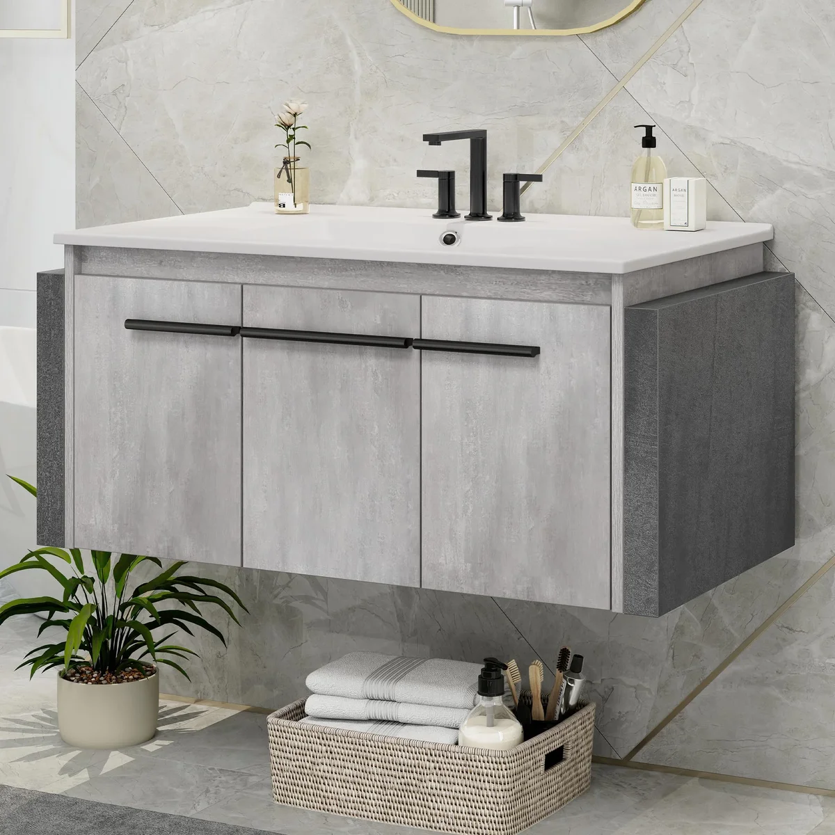 Uforic 36" Inch Wall Mounted Bathroom Vanity with Sink, Modern Floating Bathroom Sink Storge Cabinet , Gray 5795