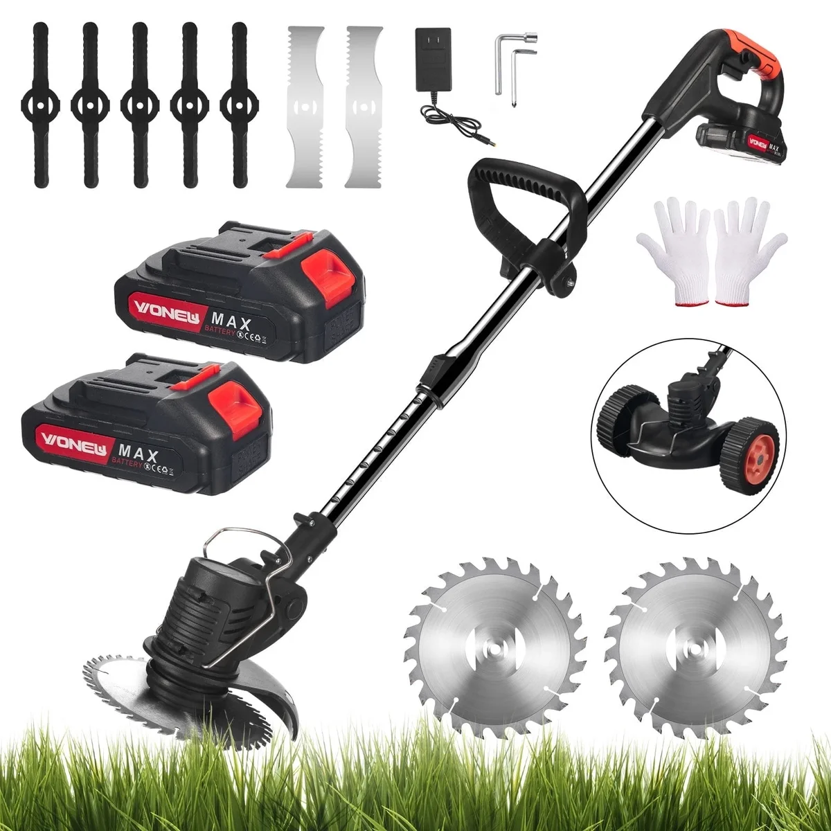 KingFurt Electric weed eaters, Cordless string trimmer,21V Weed Wacker,Lawn Edger with 3 Blades, with Wheels Grass Edger for Lawn Yard Garden 1989