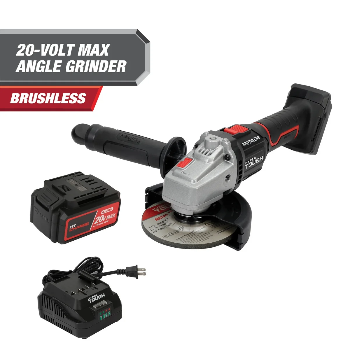 Hyper Tough 20V Max Brushless 4.5-inch Cordless Angle Grinder with 4.0Ah Lithium-Ion Battery and Charger 7188