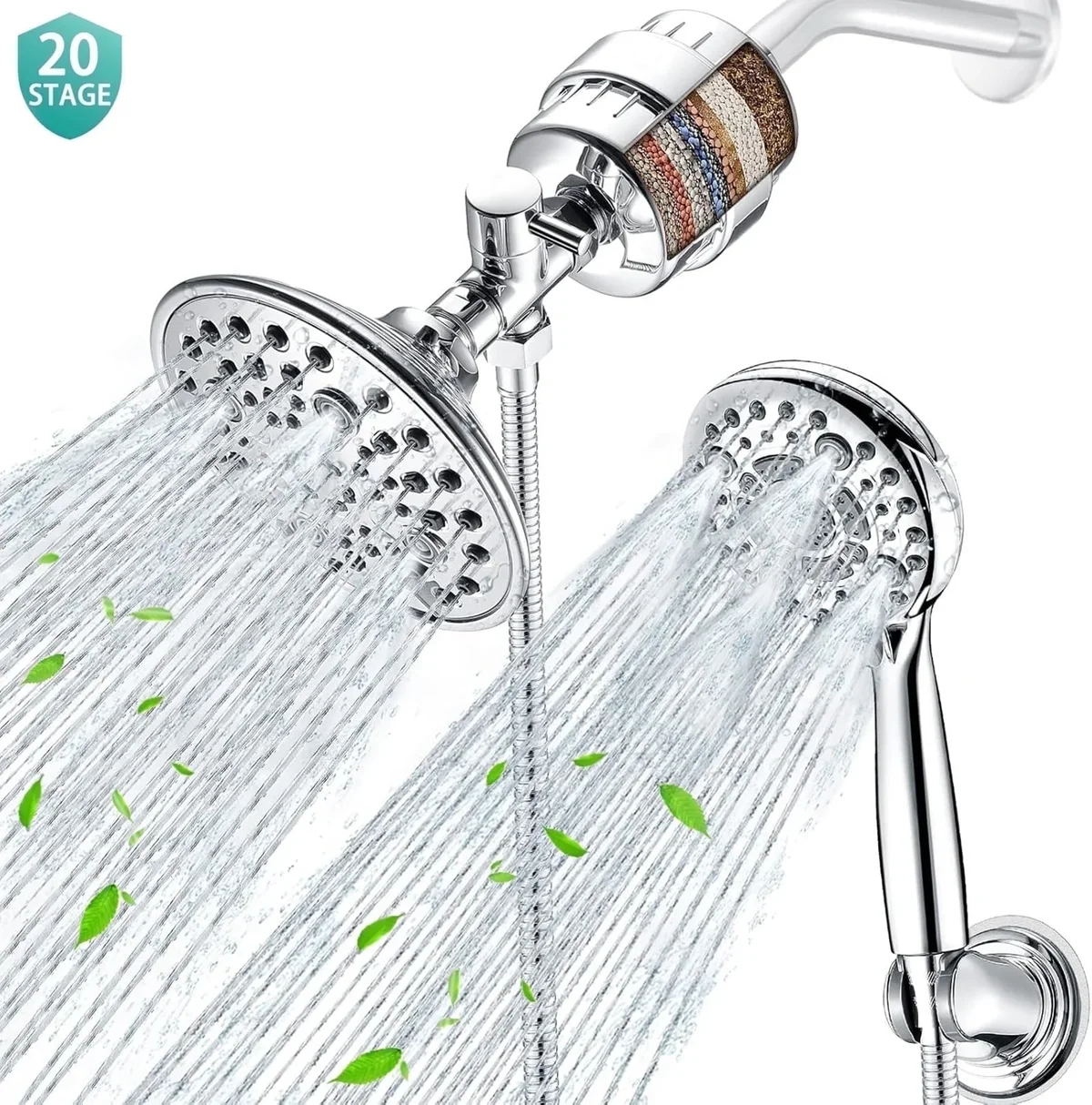 FETERVIC 8'' Dual Filtered Rainfall Shower Head Combo, 7-spray Shower Head, 8 Settings High Pressure Handheld Shower Head, 20 Stage Shower Filter 4758