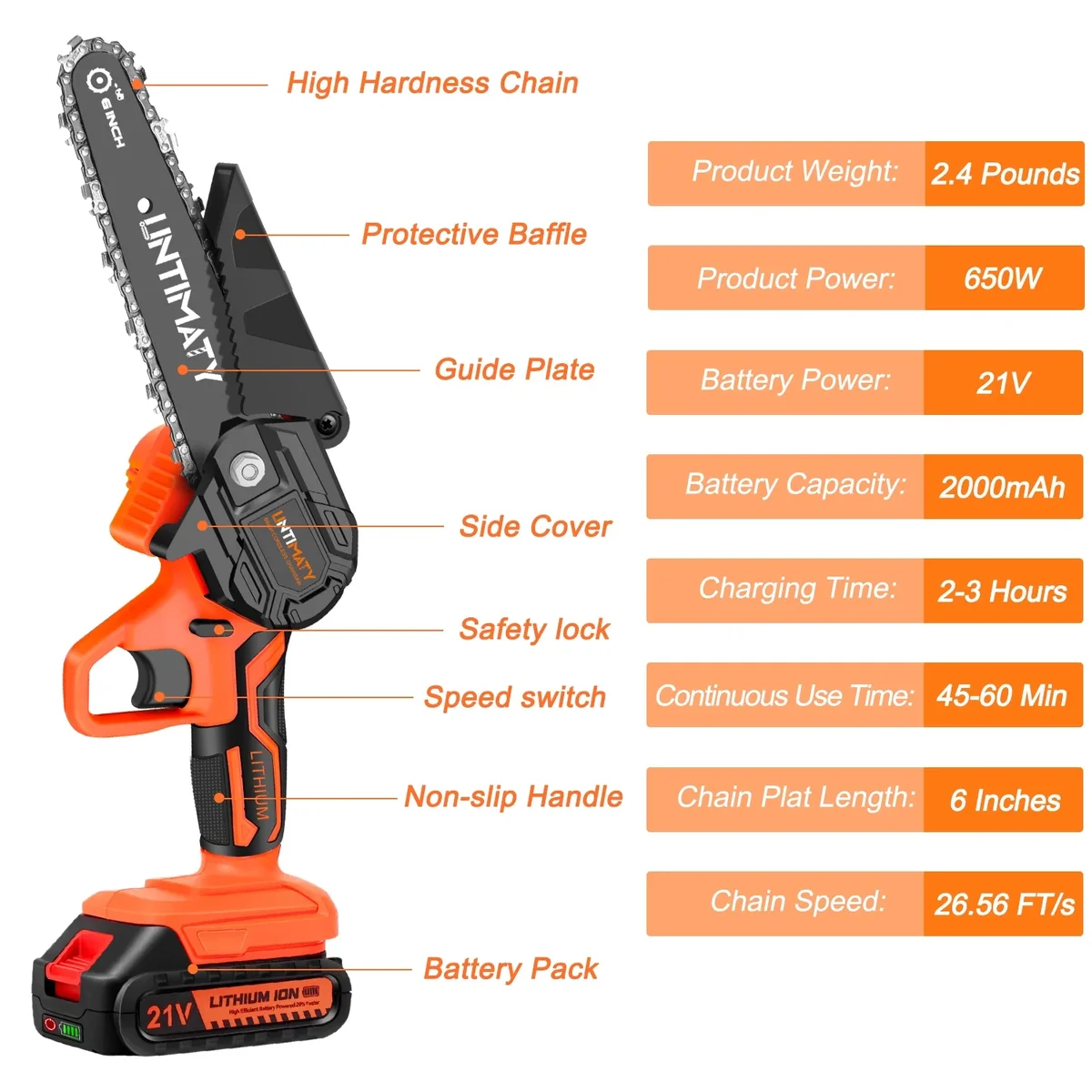 UNTIMATY 6 inch Mini Chainsaw with 2 Batteries and Case Cordless Electric Handheld Chain Saw Battery Powered for Wood and Tree Branches, Orange 6362