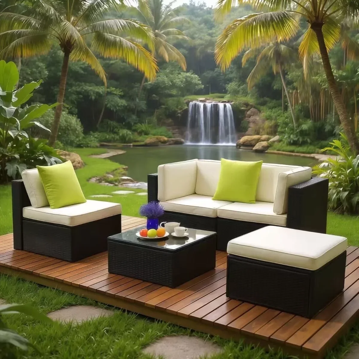Junkai 5-Piece Patio Furniture Set Outdoor Sectional Sofa, PE Rattan Wicker Conversation Sets with Ottoman, Glass Coffee Table & Washable Cushions 6898