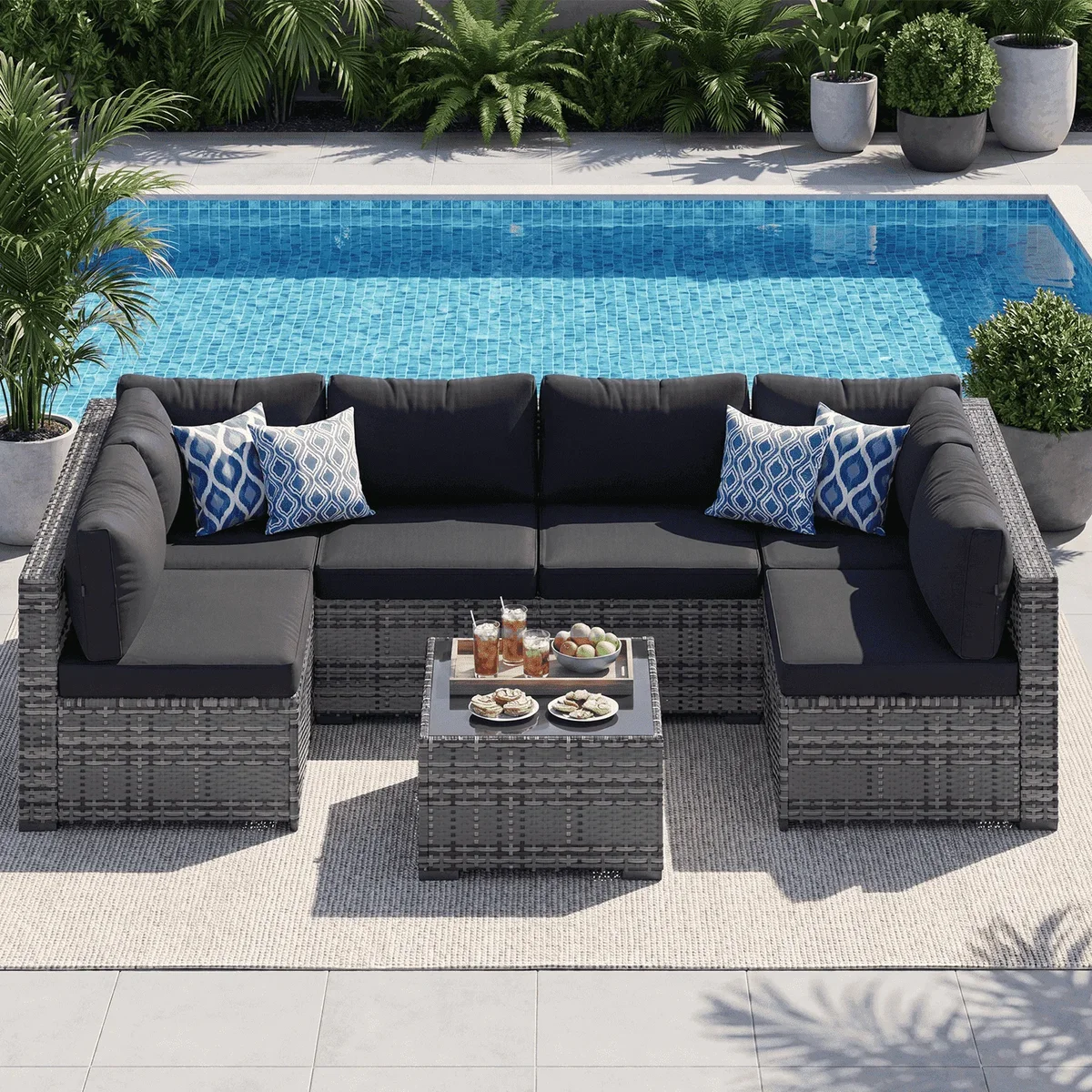 LazySunsets 7 Pieces Patio Conversation Set, Rattan Wicker Outdoor Sectionals with 6 Sofas and 1 Coffee Table, Black/Gray 2599