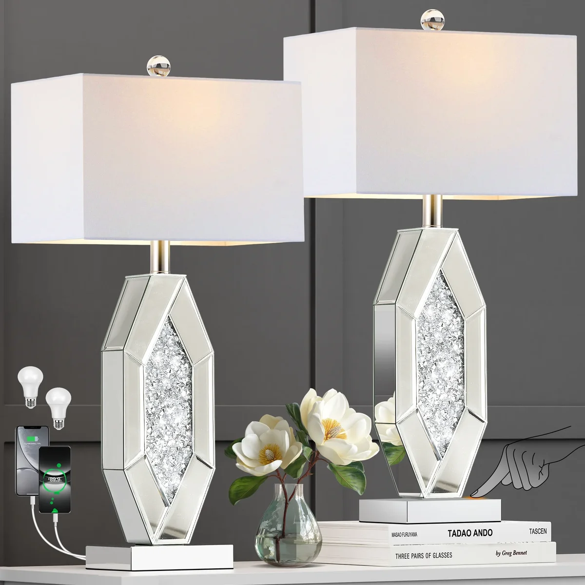SparkGlowy 3-Way Dimmable Touch Diamond Crushed Mirrored Bedside Table Lamps Set of 2 for Living Room with USB A+C Ports, Silver Bling Modern Bling Nightsta 1577