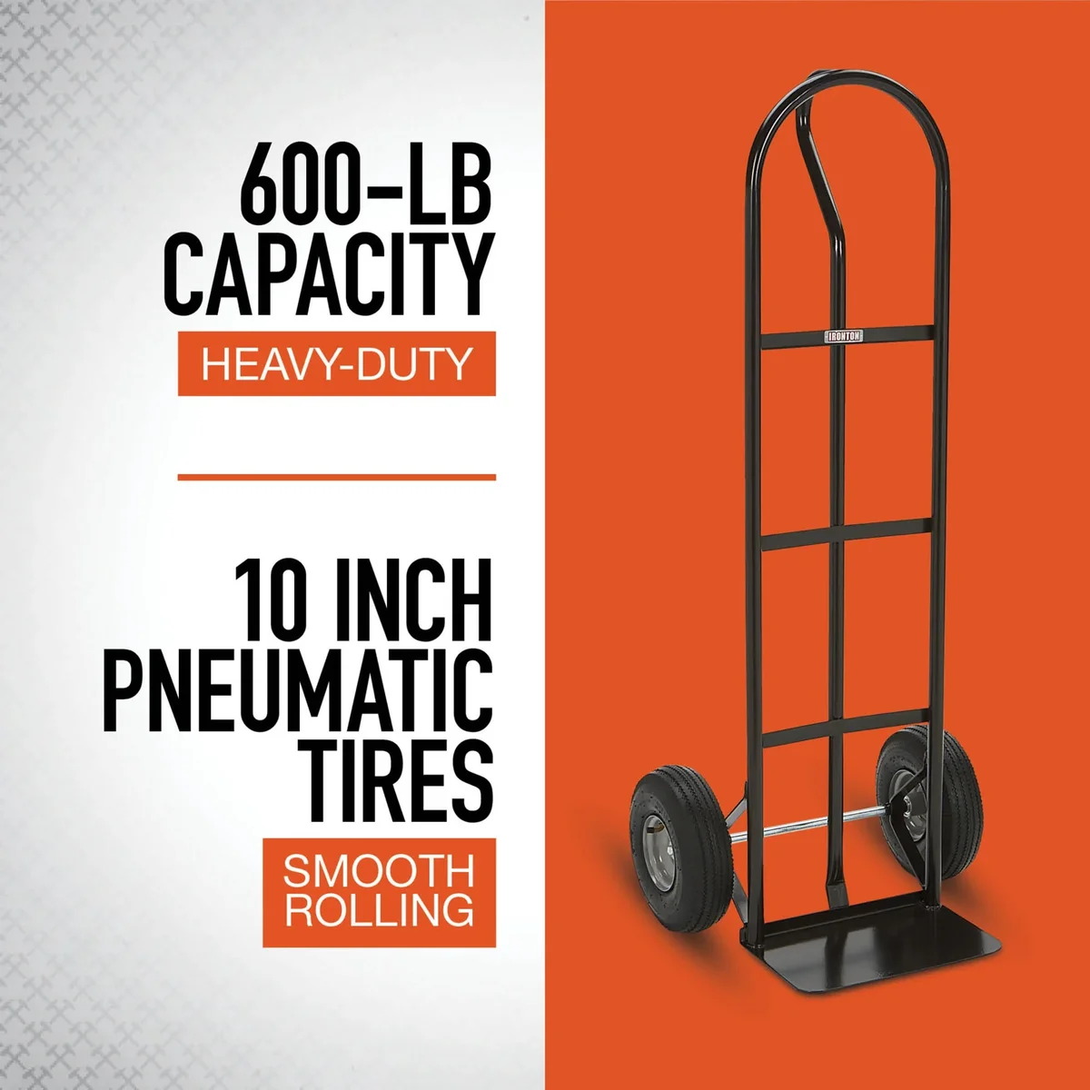 Ironton Steel Pneumatic Hand Truck, 600-Lb. Capacity, 16.93in.L x 21.65in.W x 51.57in.H 1049