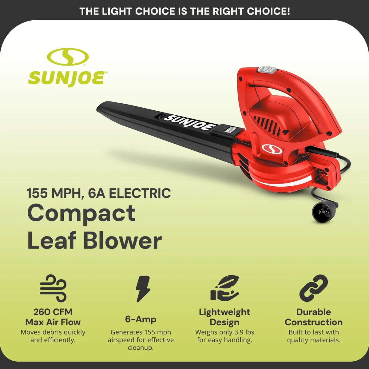 Sun Joe 6-Amp 155 mph Corded Handheld Leaf Blower, Light-Duty Lawn Tool, Red 7293