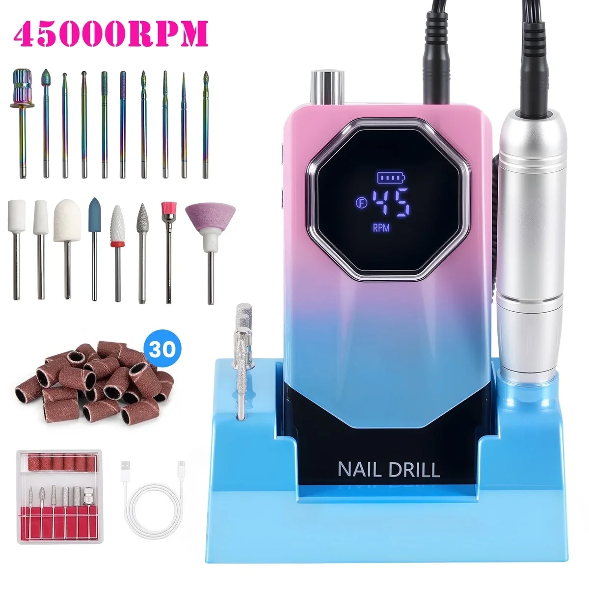 FETERVIC Professional Nail Drill Kit 45000 RPM, Rechargeable Electric Nail File , Cordless E-File Machine with LCD Display & 24 Drill Bits for Ac 8140