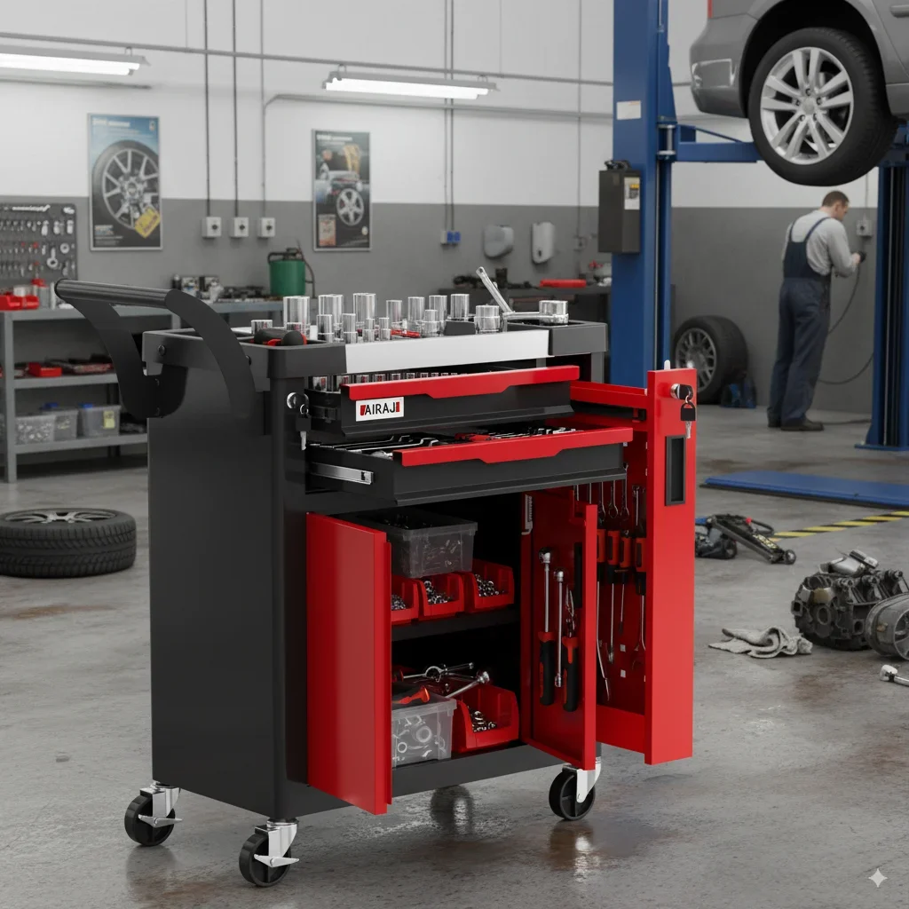 Airaj 2-Drawer Rolling Tool Chest with Lock, Large Mobile Tool Cart & Cabinet for Garage Workshop Storage, Heavy-Duty Red 0592