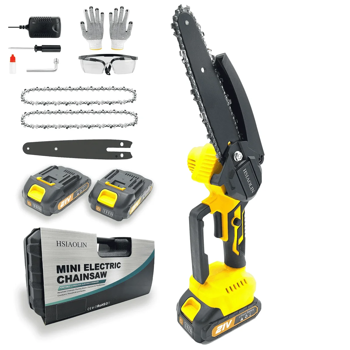 HSIAOLIN Mini Chainsaw, HSIAOLIN 6 inch Cordless Portable Electric Chain Saw, One-Hand Handheld, Lightweight, 2 Batteries& 2 Chains, Adjustable chain, Saf 0765