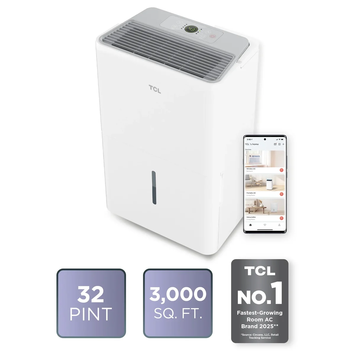 TCL 32 Pint Smart Dehumidifier (White) - Energy Star Certified, Precise Humidity Control, Quiet Operation, Bucket and Continuous Drain, Compact & 6457