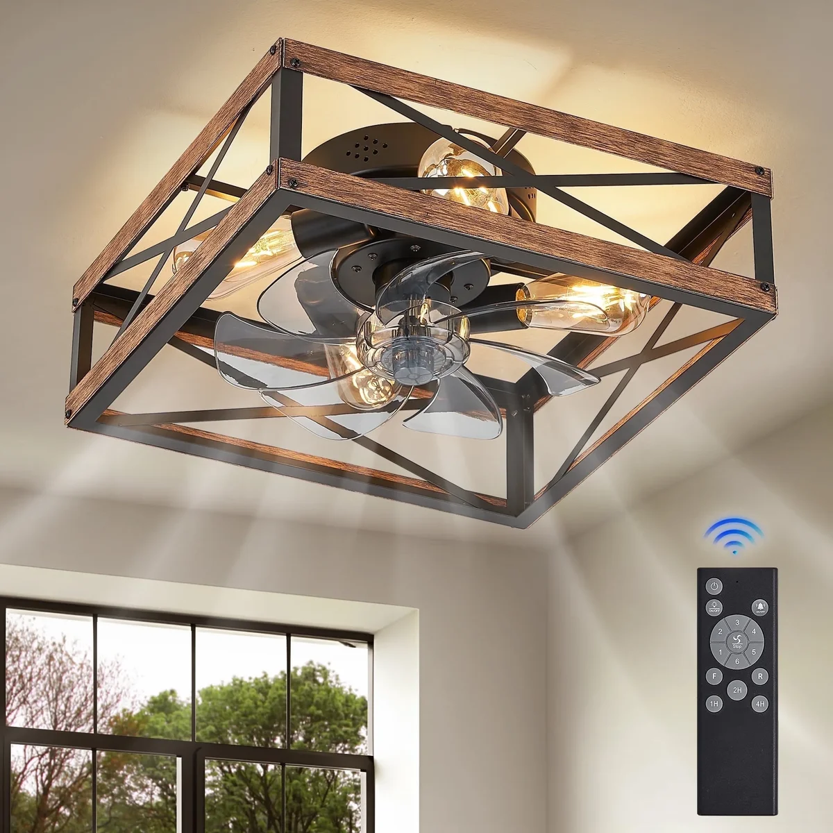 Zardon 16" Low Profile Caged Ceiling Fan with Light & Remote Control, Modern Brown Wood Finish, 6-Speed Quiet DC Motor for Indoor Spaces 1369