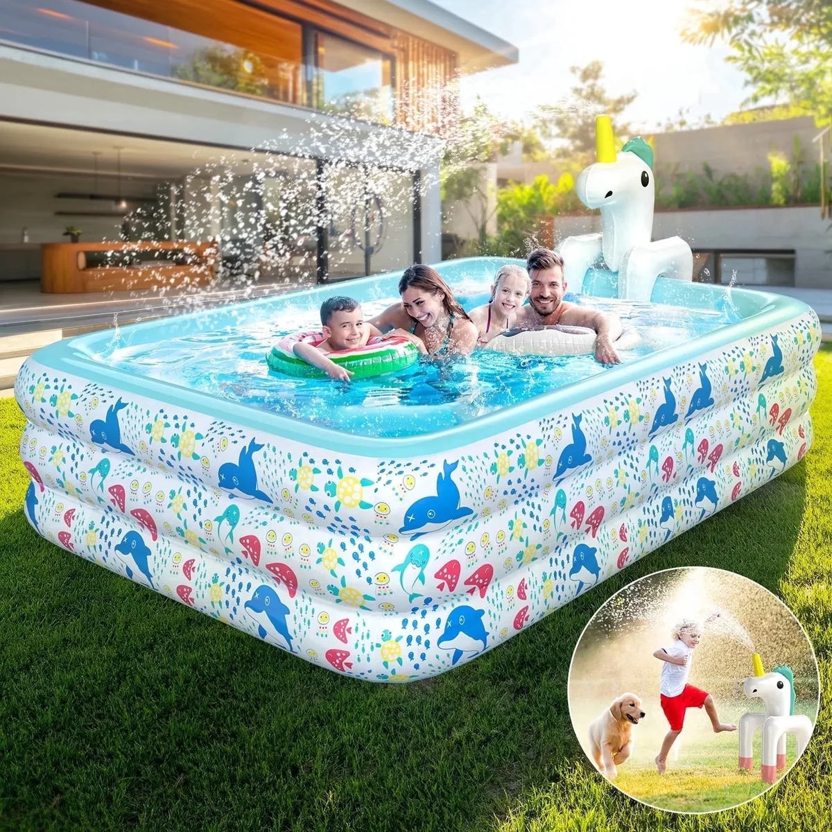 WonderStone 2 in 1 Inflatable Pool with Sprinkler, 118''x 71''x 24'' Oversizd Thickened Family Swimming Pool, Blow up Pool for Adult Kids Childre 9695