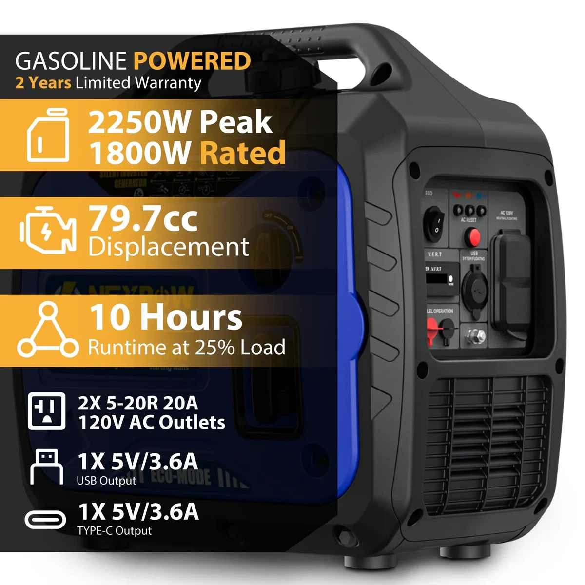 NEXPOW 2250W Portable Inverter Generator, Gasoline Power Quiet Lightweight for Backup Home & Camping, Eco-Mode Feature, Parallel Capability, EPA  8059