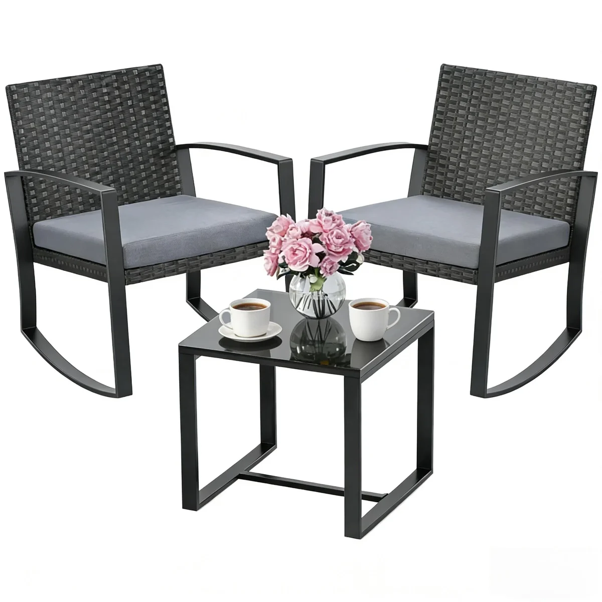 Noelse 3 Piece Wicker Rocking Chair Set, Outdoor Patio Furniture with Table and Cushions for Balcony, Gray 0513