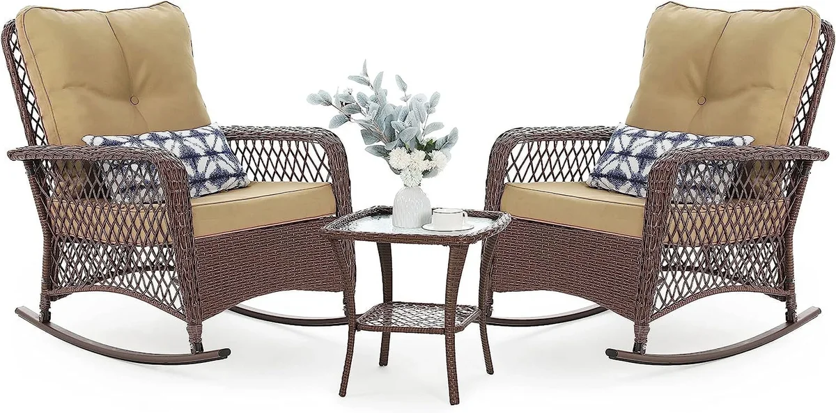Techmilly 3-Piece Outdoor Rocking Chairs, Wicker Patio Furniture with Thickened Cushions and Table for Porch (Khaki) 9611