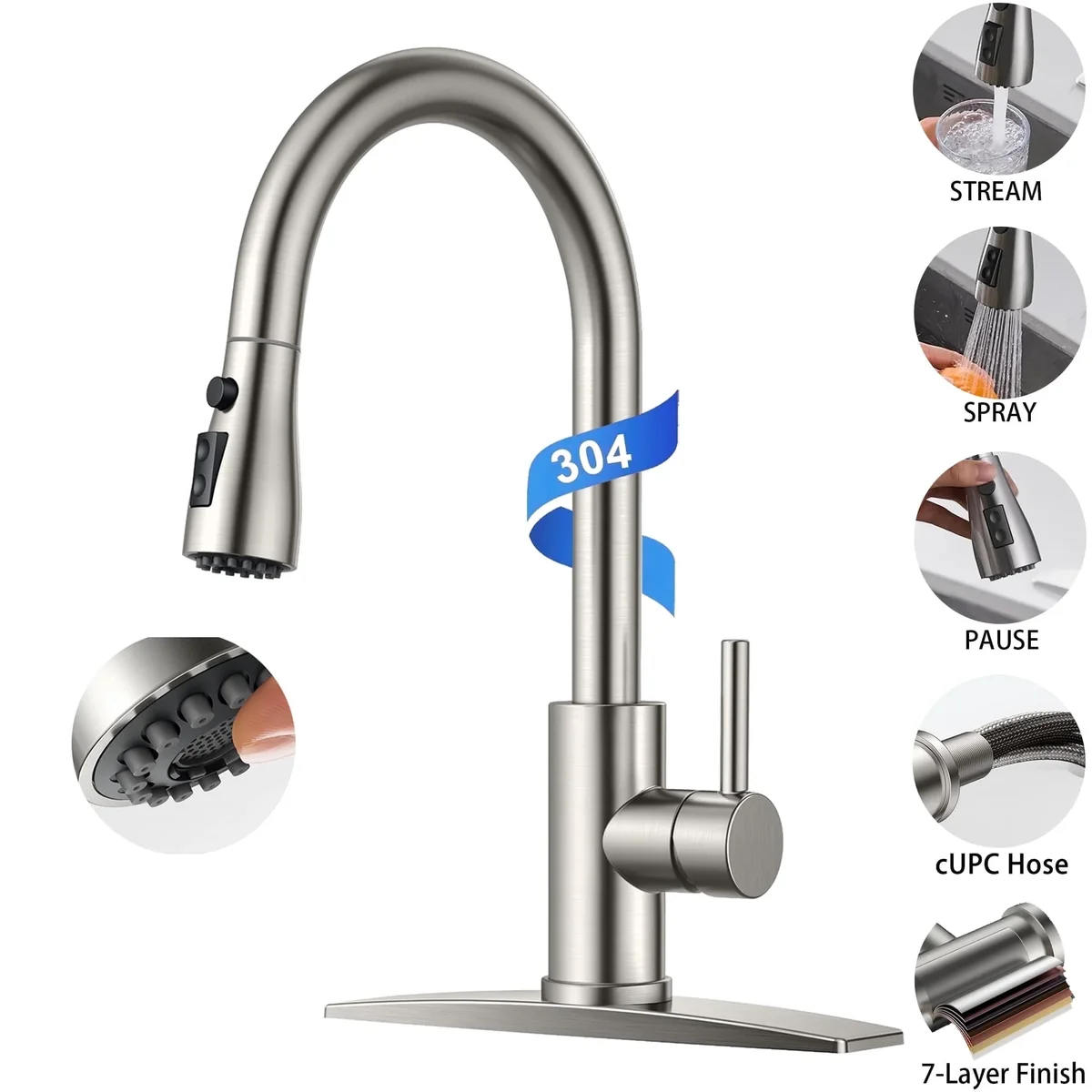 TVOFEK Kitchen Faucet with Pull Down Sprayer, Brushed Nickel Stainless Steel Kitchen Water Faucet with Deck Plate for 1 or 3 Hole, Single Handle  7407
