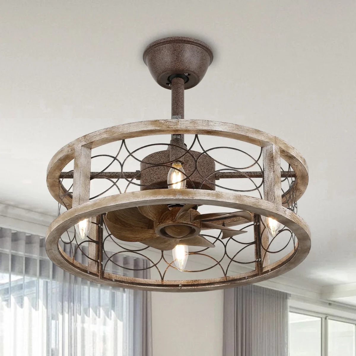Chords Attic 20" Rustic Caged Ceiling Fan with Light and Remote Control, 4-Light Farmhouse Wood Finish Ceiling Fan Fixture for Bedroom, Living Ro 1073