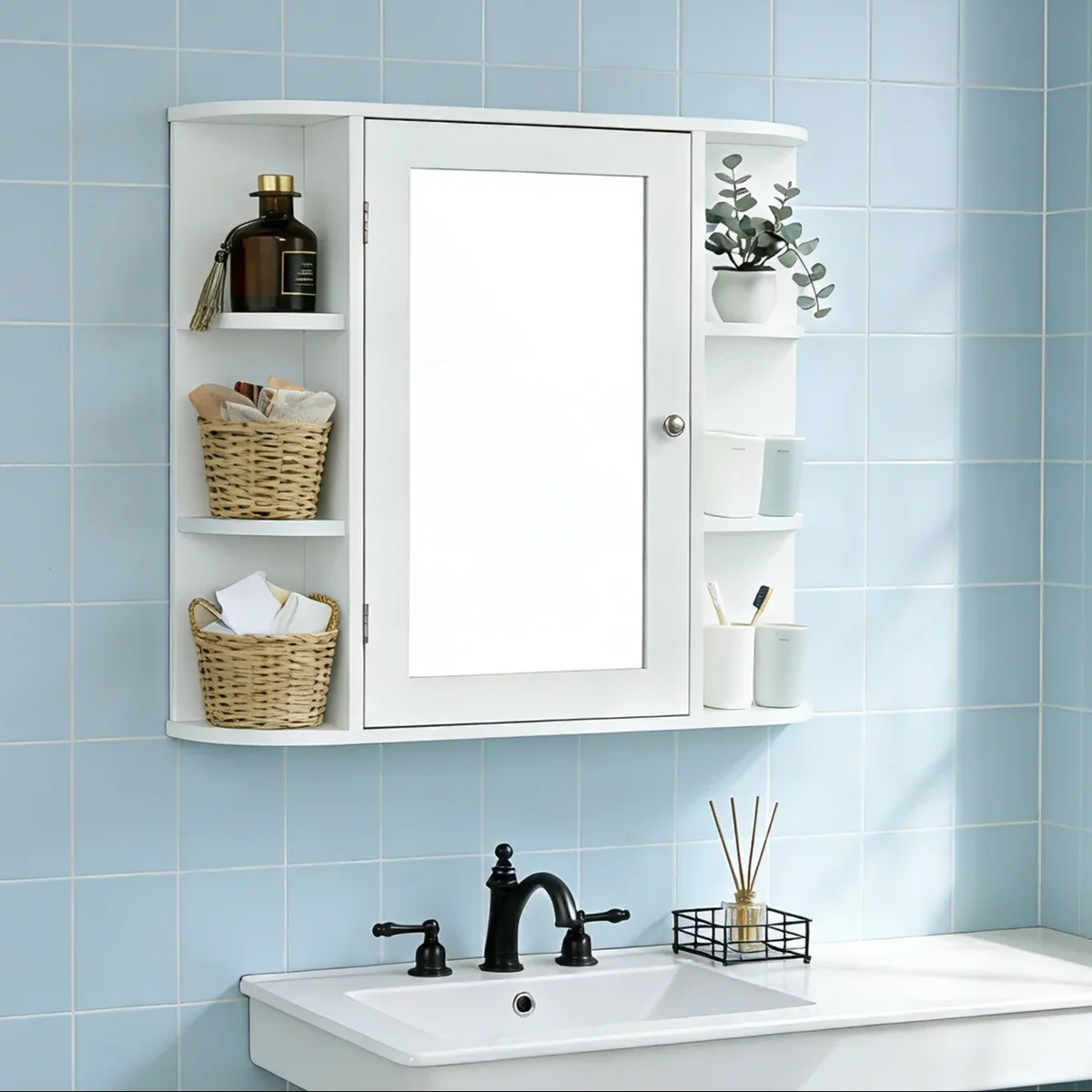 Everdaily Essentials Wooden Bathroom Medicine Cabinet with Mirror Door & 8 Shelves, Wall Mounted Storage Organizer, White 2636