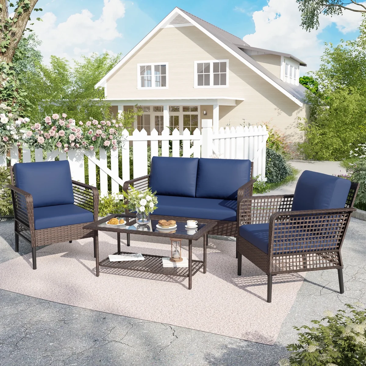 POTEBAN 4-Piece Wicker Outdoor Patio Conversation Set with Coffee Table, Brown Rattan Sofa Set for Balcony, Porch, Backyard, Blue 0216