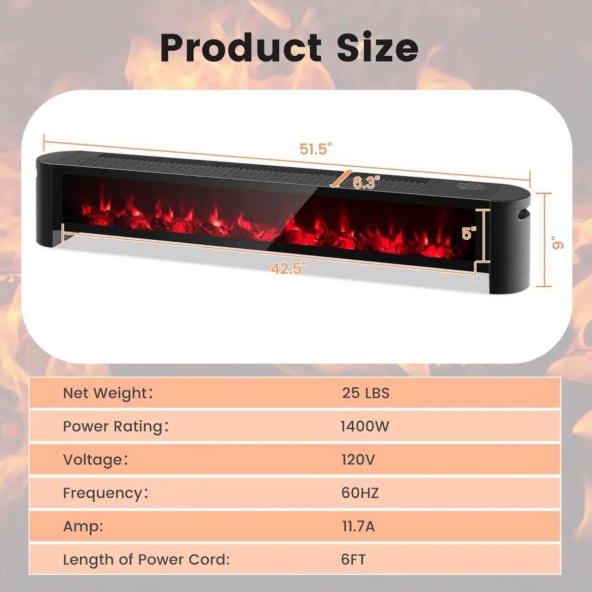 Everdaily Essentials 1400W Electric Baseboard Heater Convection Space Heater with Realistic 3D Flame Ref. 7264