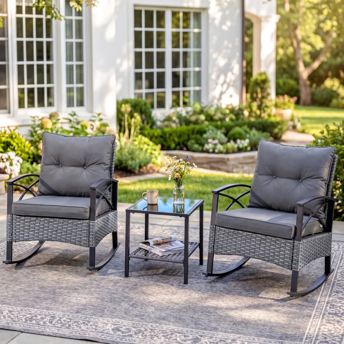 Segmart 3 PCS Rocking Bistro Set, Outdoor Patio Porch Furniture Sectional Chairs with Coffee Table, PE Rattan Patio Furniture Conversation Set for Lawn P 2148