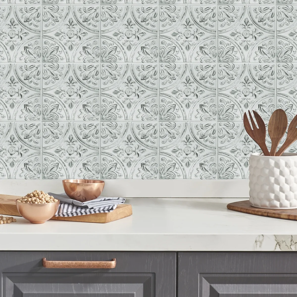 RoomMates Tin White Peel & Stick Tile Backsplash 7889