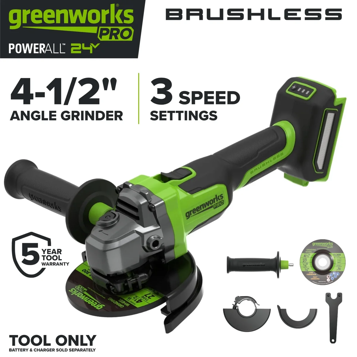 Greenworks Pro PowerAll 24V Brushless 4-1/2" Angle Grinder, Tool Only, AG590A2 8575
