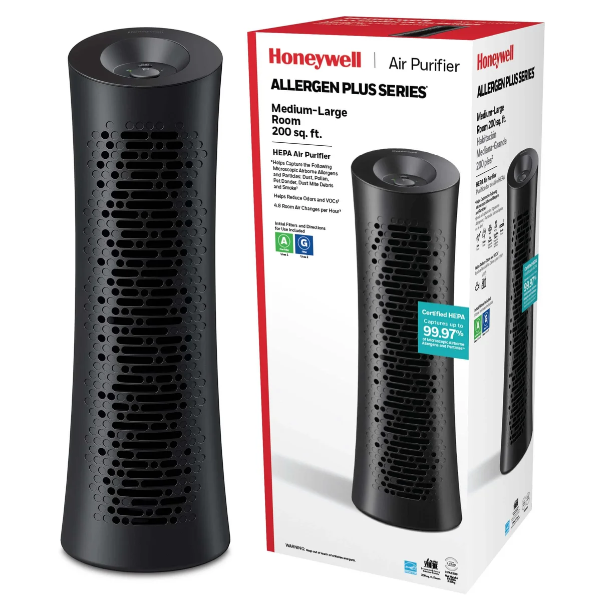 Honeywell Air Purifier for Home, 990 Sq ft, HEPA Filter, Black, Smoke, Pollen, Dust Reducer 5082