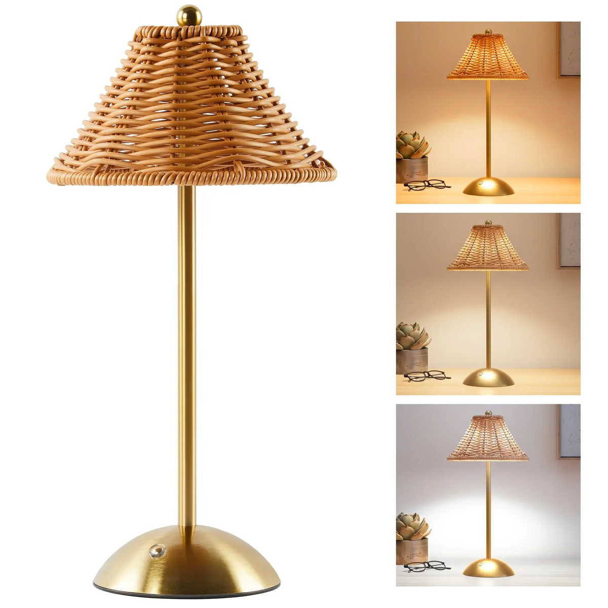 LOFTER-Pro Table Lamps for Bedroom, Home Cordless Indoor Faux Boho Rattan and Gold Colored Desk Lamps with Touch Switch / Dimmer for Nightstand,  3924