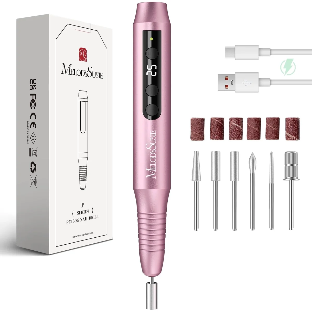 MelodySusie Cordless Portable Nail Drill, 25,000 RPM PC180G Rechargeable Nail E-file Kit, with Drill Bits & Sanding Bands, Pink 9368
