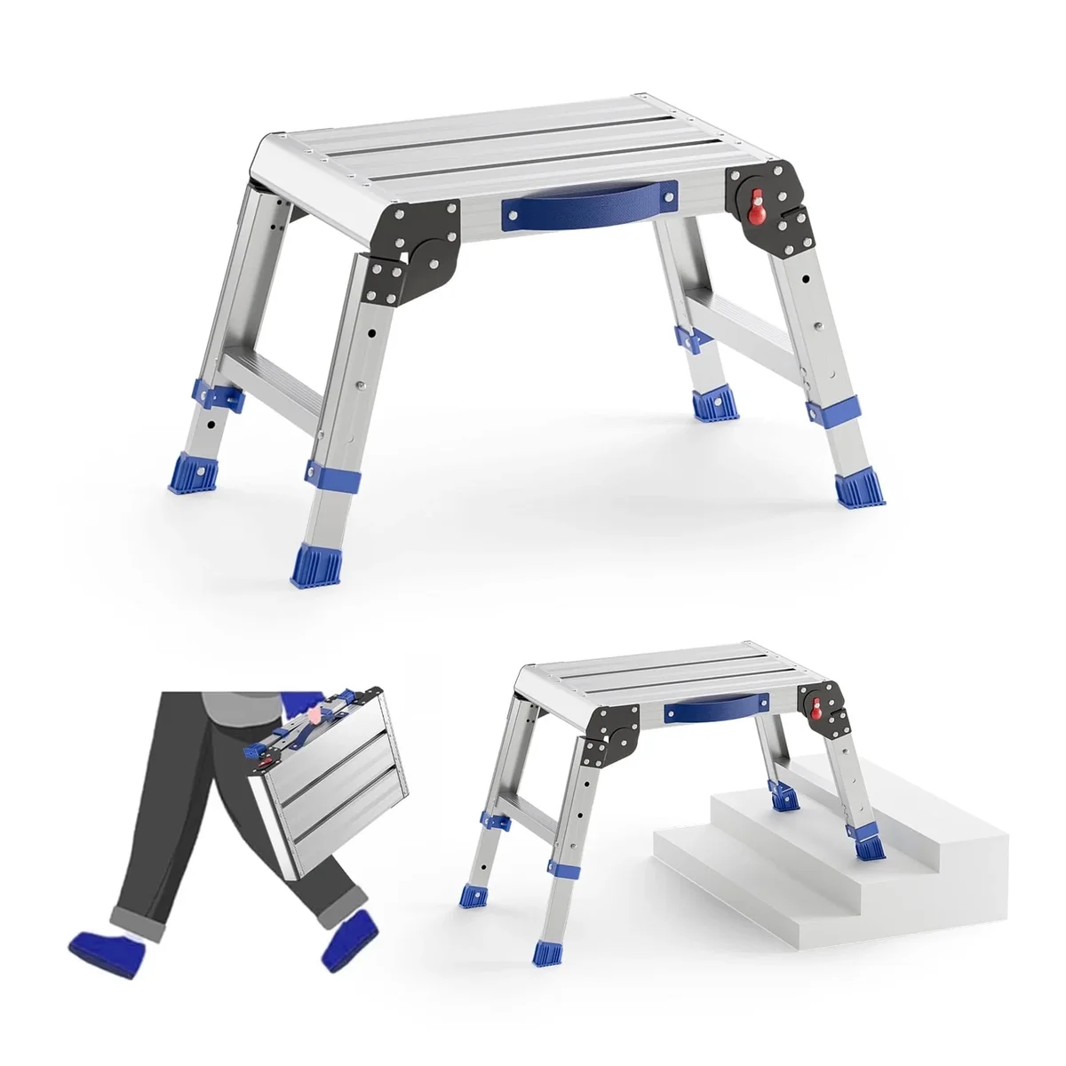 Everdaily Essentials Folding Step Stool for Adults, Aluminum Work Platform Adjustable Height, Lightweight Step Ladder, 440 lbs 0217
