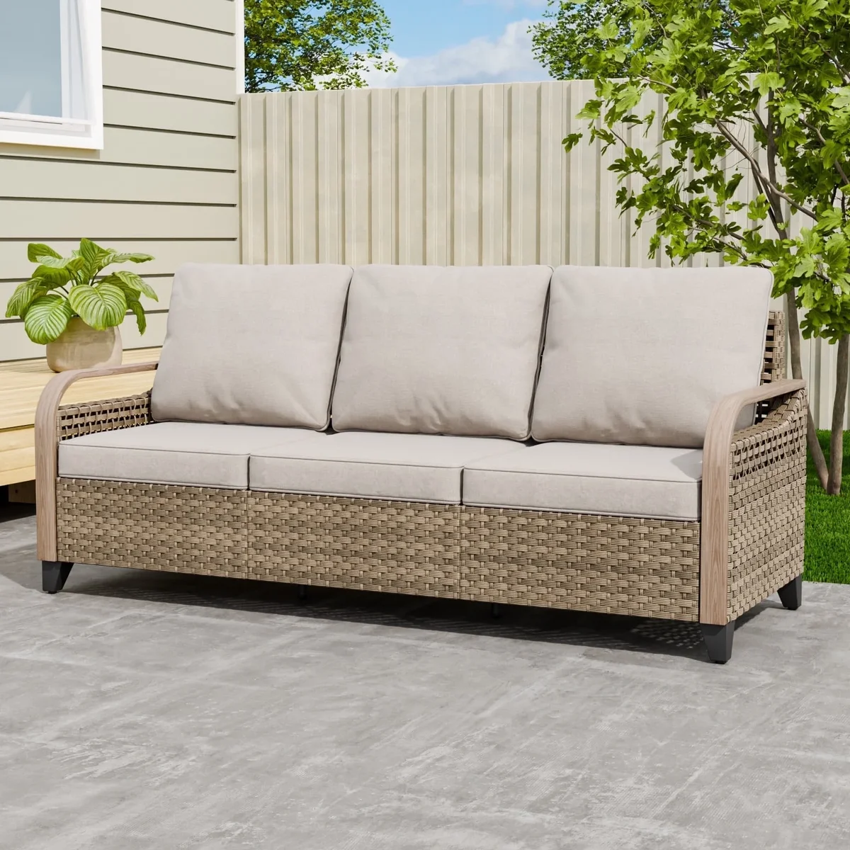 EAGLE PEAK 3 Seat Wicker Outdoor Patio Sofa, Outdoor Furniture Loveseat Sofa with Cushions, Outdoor Couch for Backyard, Deck, Porch, Brown/Gray 1659