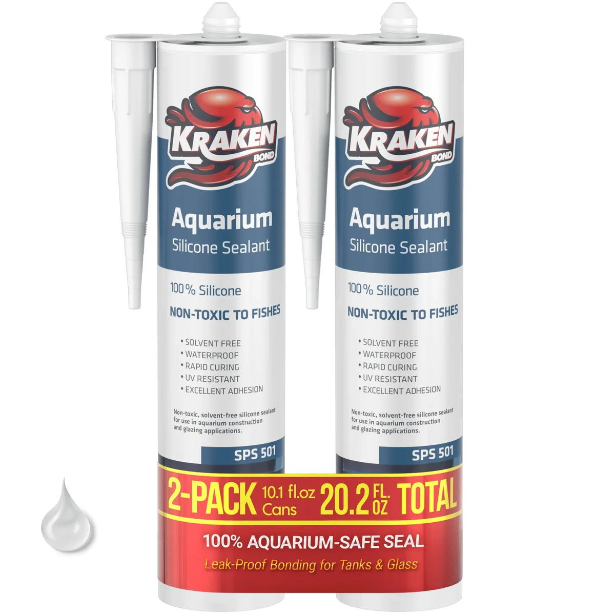 Kraken Bond Aquarium Silicone Sealant, 100% Waterproof & Non-Toxic Fish Tank Safe Silicone, Clear, 10.1 fl oz Cartridge, 2 Pack 2494