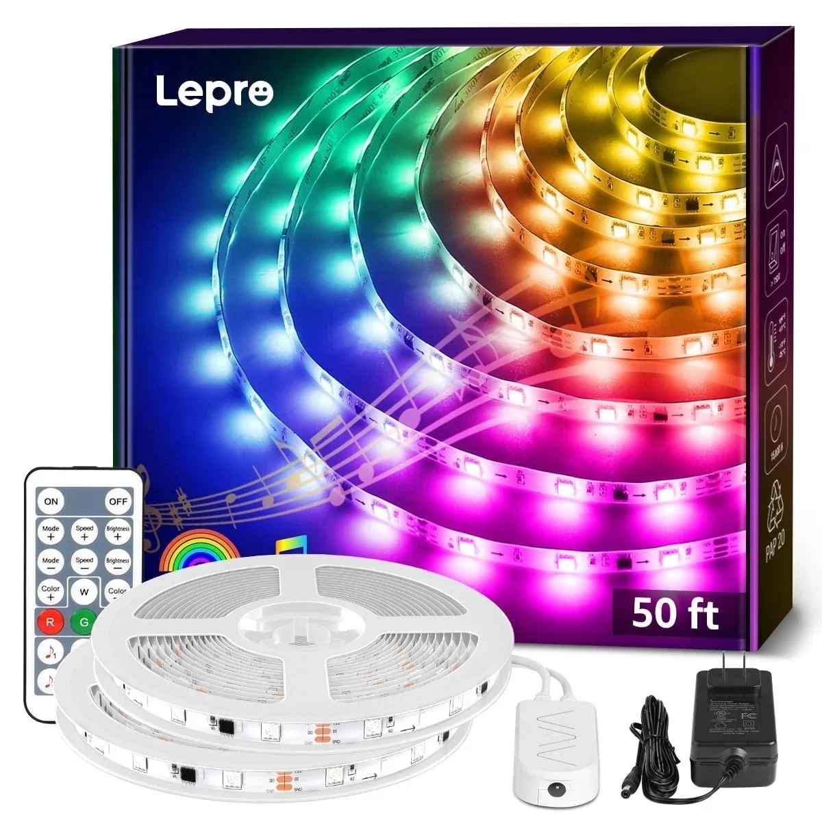 Lepro 49.2ft Music Sync LED Strip Lights for Bedroom, Upgrade 5050 RGB Waterproof Tape Lights with Remote, MagicColor for Christmas Party Decor 1171