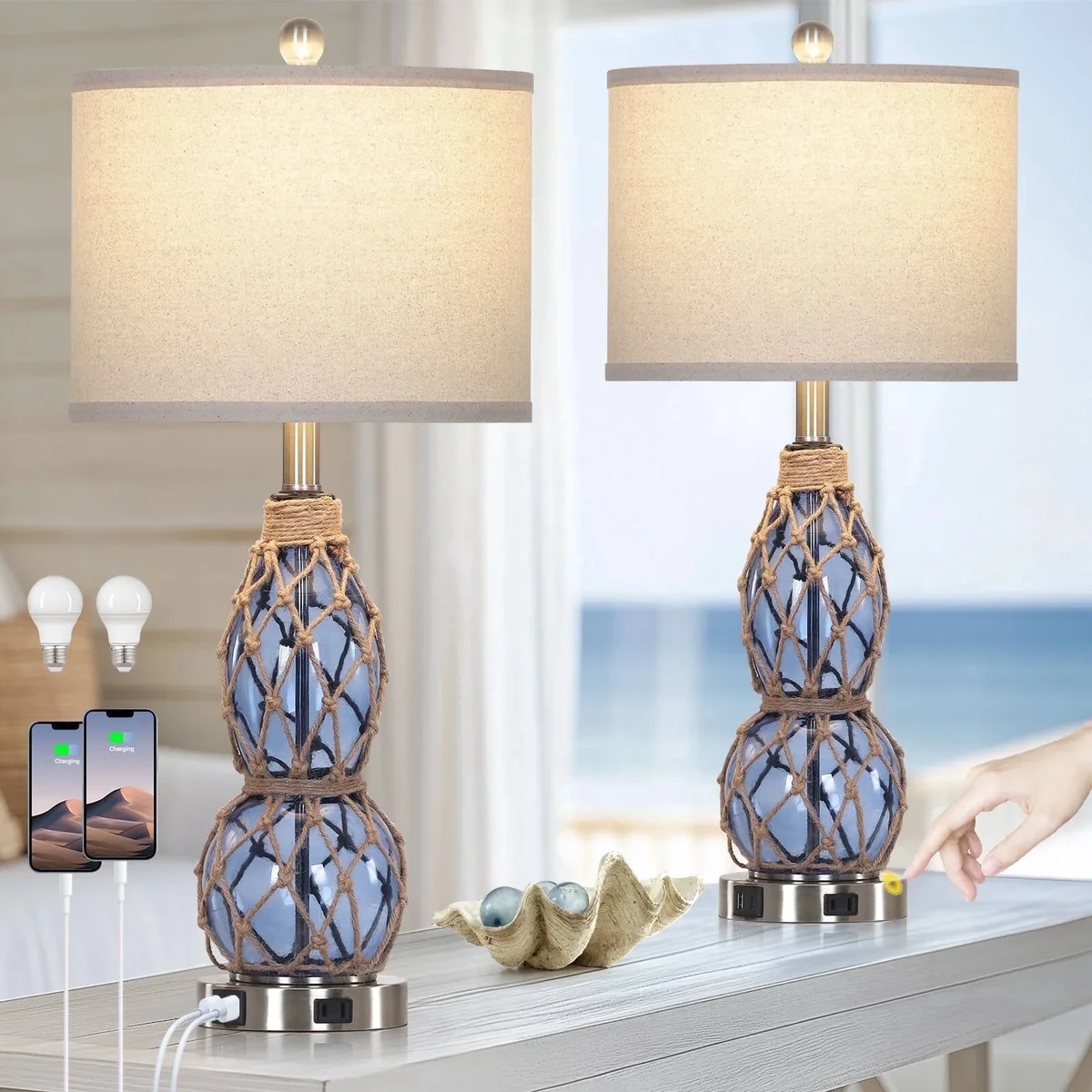 Cinkeda Coastal Glass Table Lamps Set of 2 with USB C+A Ports AC Outlet 3 Way Dimmable Touch Control Nightlight 26" Nautical Bedside Lamp for Liv 1918