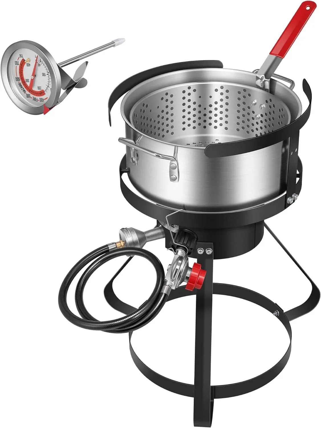 SPECSTAR 10Qt Aluminum Fish Fryer Pot with 6.7Qt Strainer Basket, 4 Inches Thermometer and 54,000 BTU Propane Burner 4626