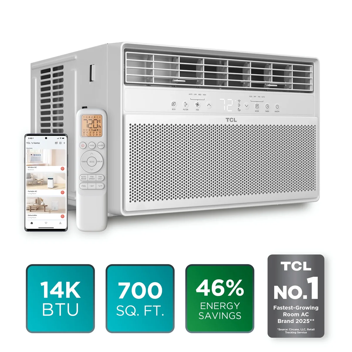 TCL 14,000 BTU Smart Inverter Window Air Conditioner (White) - 700 Sq ft with up to 46% Energy Savings, Quiet Cooling Tech, 3-in-1 Cooling, Fan & 0877