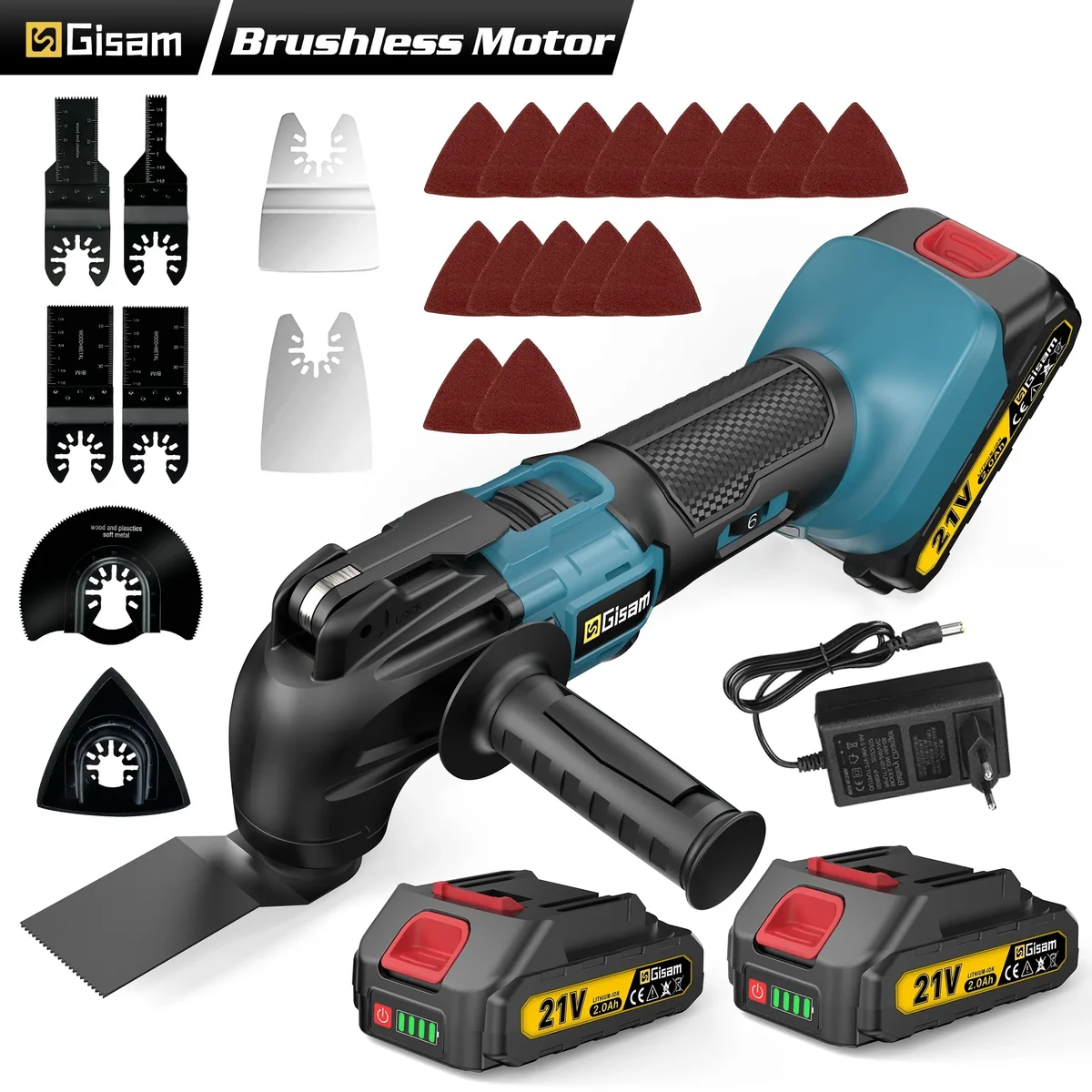 Gisam 21V Max Cordless Oscillating Multi-Tool with Brushless Motor, 2 x 2.0Ah Battery, Auxiliary Handle, 23pcs Accessories 3172