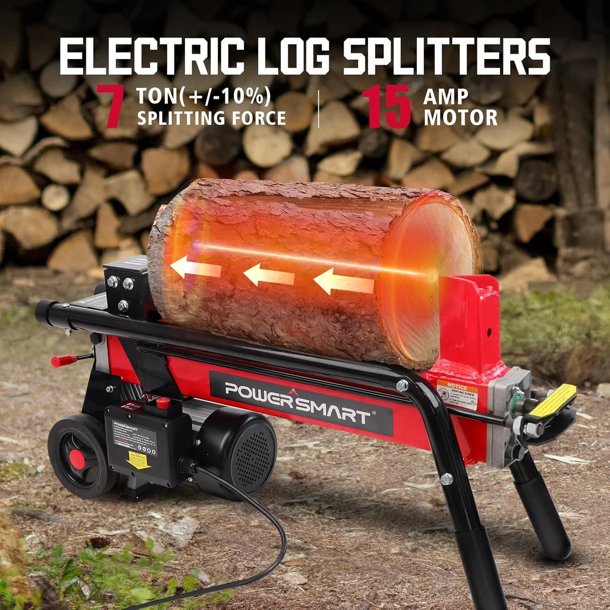 PowerSmart 7-Ton Electric Log Splitter – 15A, 3500 RPM, 3200 PSI Horizontal Full-Beam Wood Splitter with Steel Wedge for Firewood & Kindling 1474