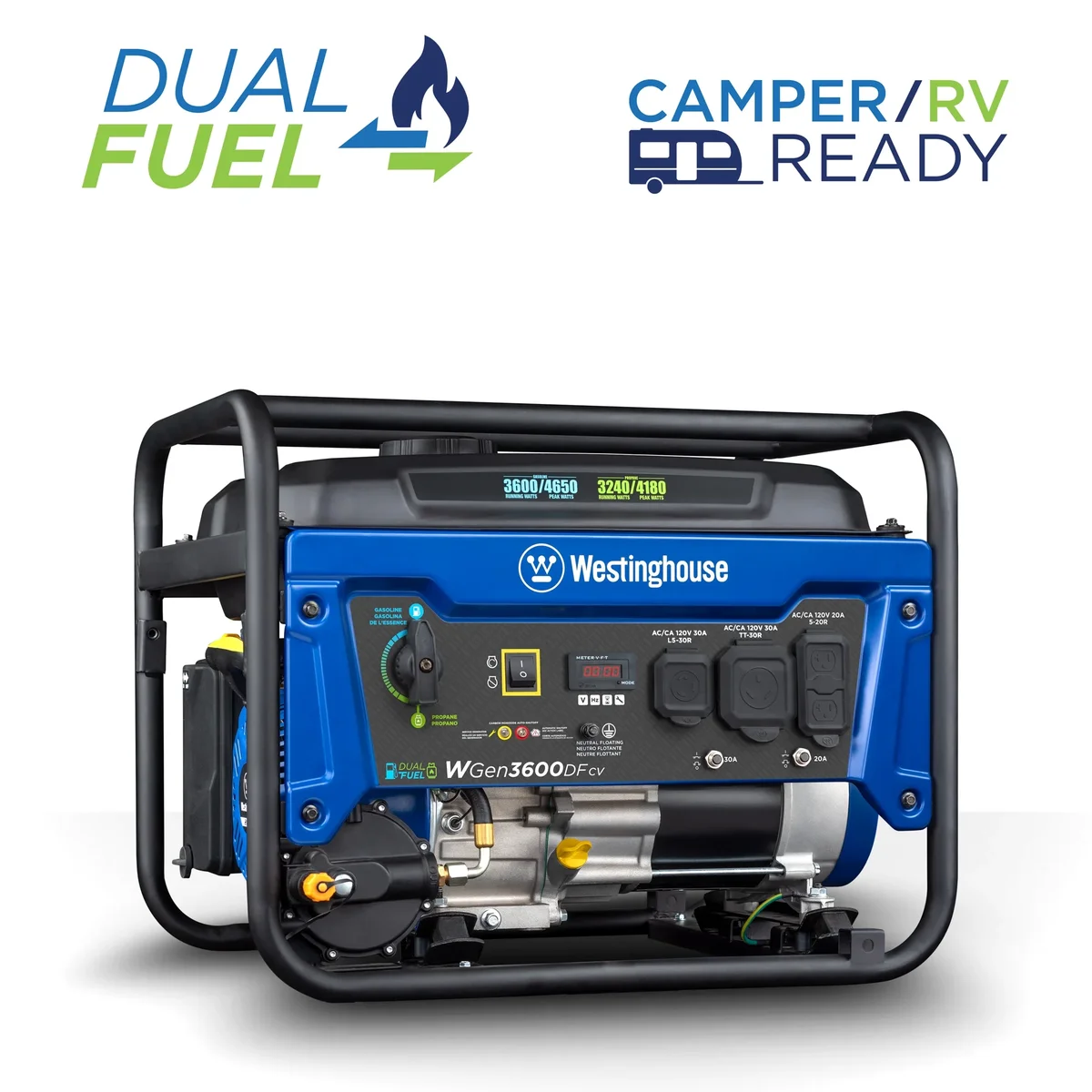 Westinghouse 4650 Peak Watt Dual Fuel Portable Generator with RV Outlet and CO Sensor 4224