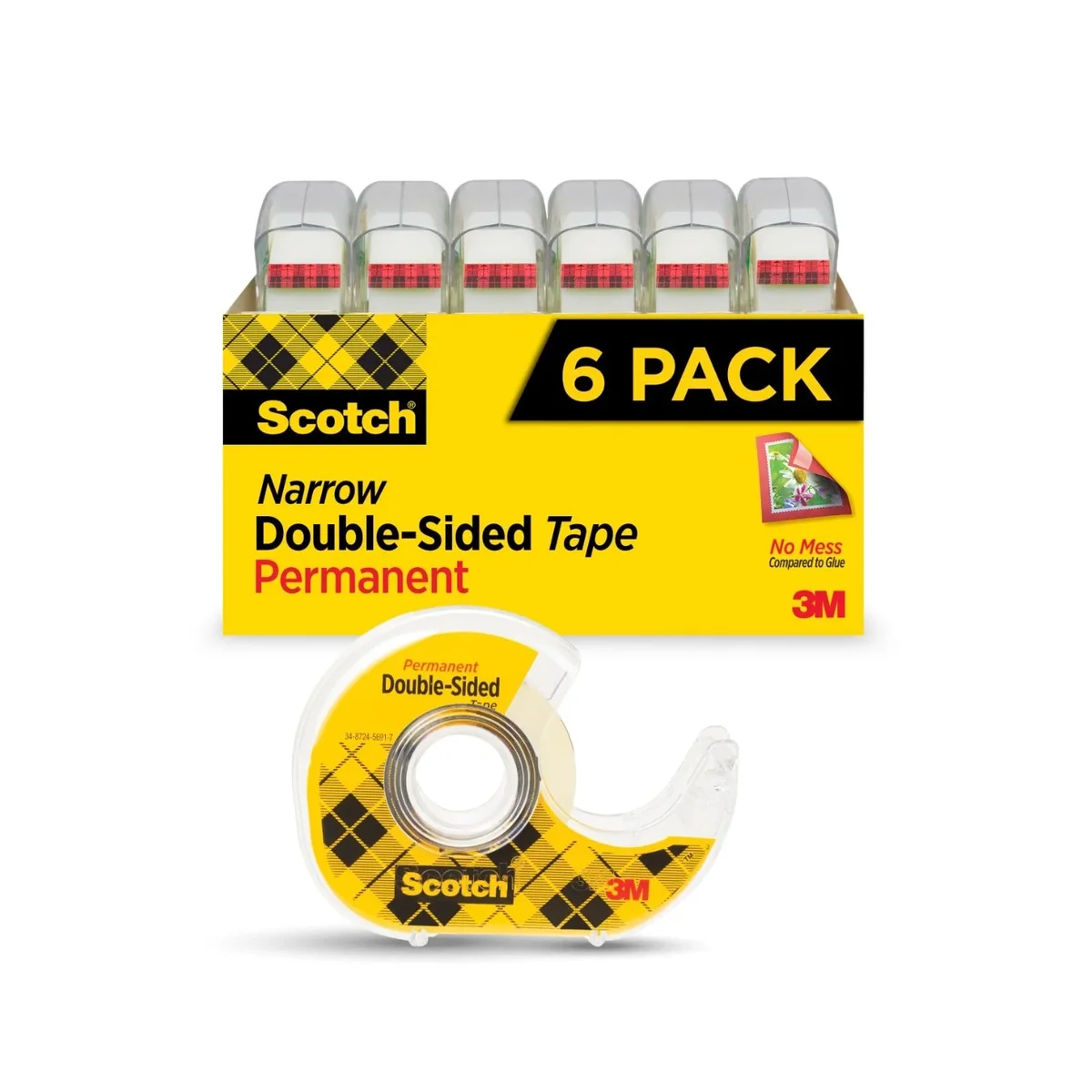 Scotch Double Sided Tape, Clear, 1/2" x 500", 6 Dispensers 3826