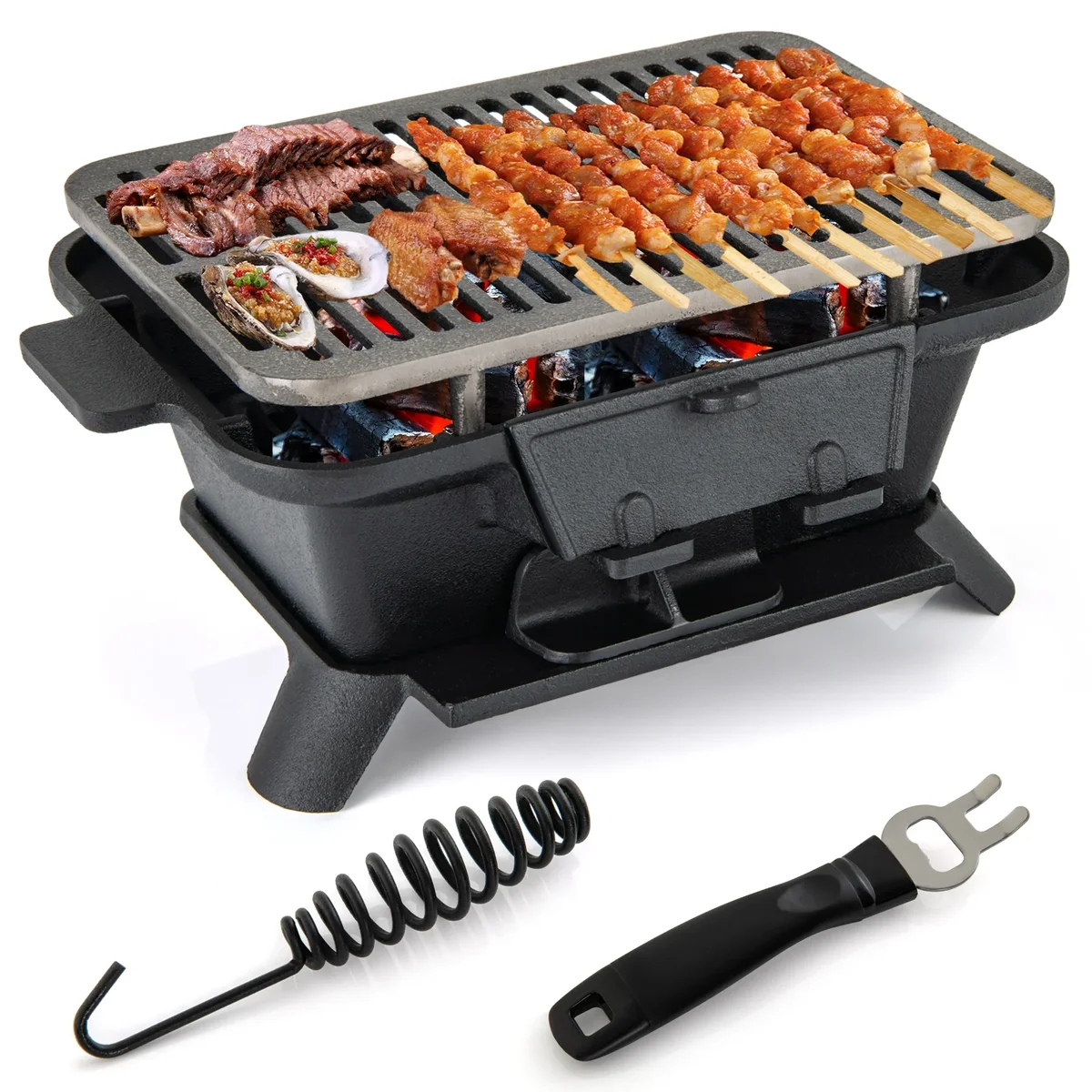 Topbuy Portable Heavy Duty Cast Iron Charcoal Grill Tabletop BBQ Stove with Double-sided Grilling Net for Camping 8796