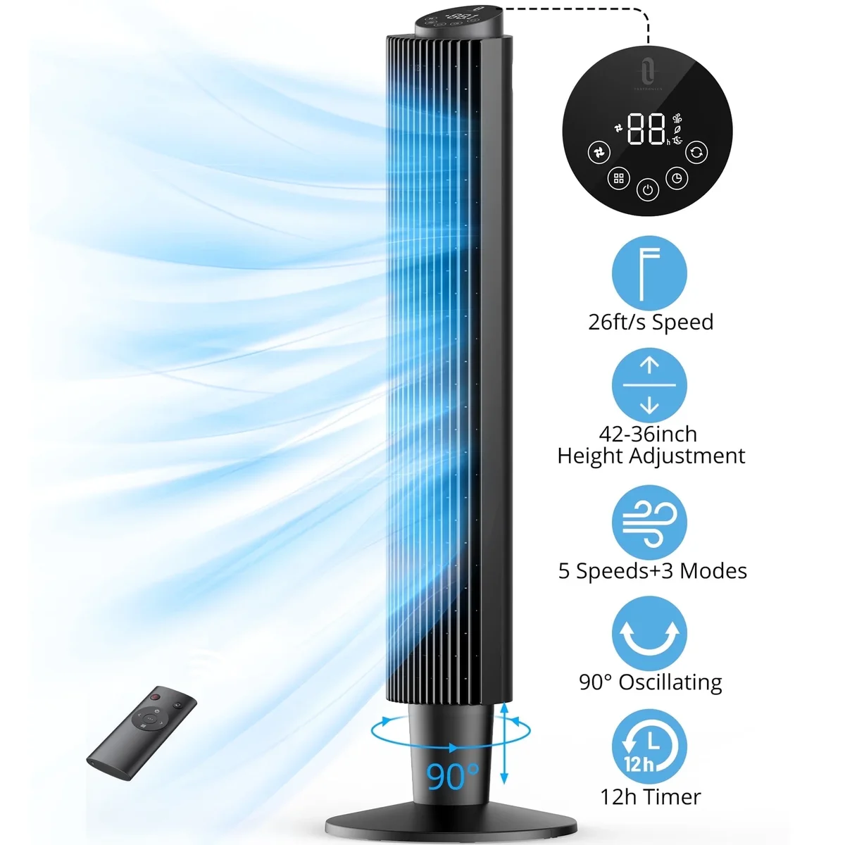 TaoTronics Tower Fan, 42'' 90° Oscillating Quiet Standing Bladeless Fans with Remote, 25 ft/s Velocity, Height Adjustable, 5 Speeds 3 Modes, 12H 1223