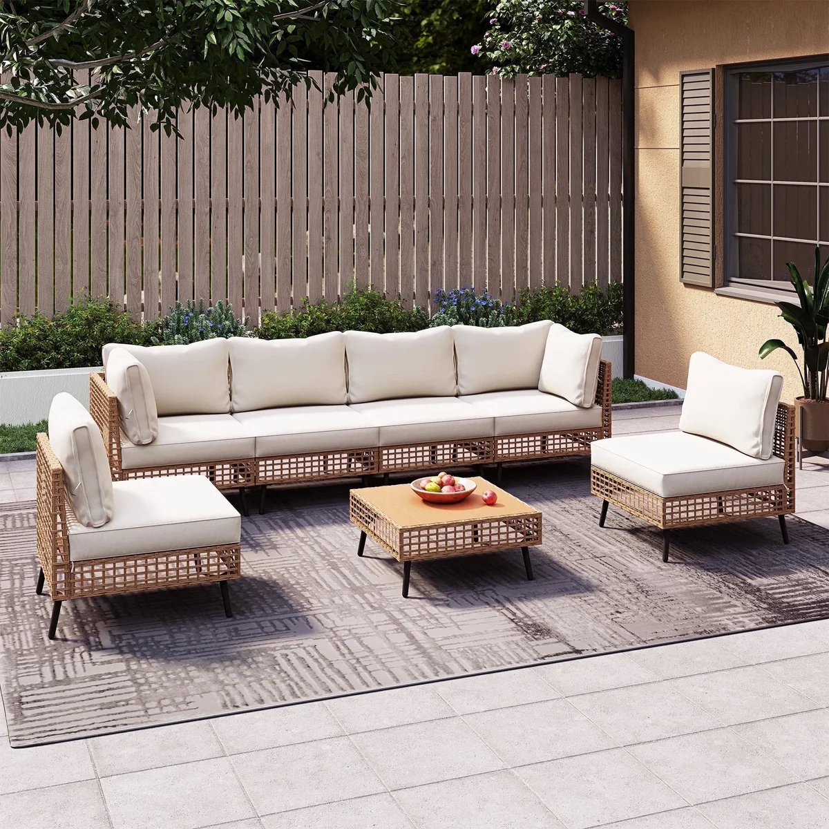 LAUSAINT HOME 7-Piece Outdoor Wicker Patio Furniture Conversation Set, Sectional Sofa with Cushions, Beige 9707