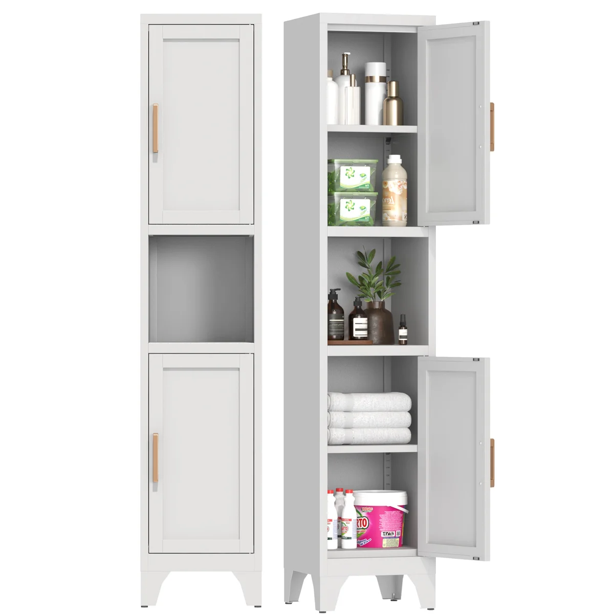 Kooyon 67" H Tall Bathroom Storage Cabinet with 2 Doors ＆Adjustable Shelves,Narrow Metal Cabinet with Open Countertop,Narrow Storage Unit for Small Sp 3563