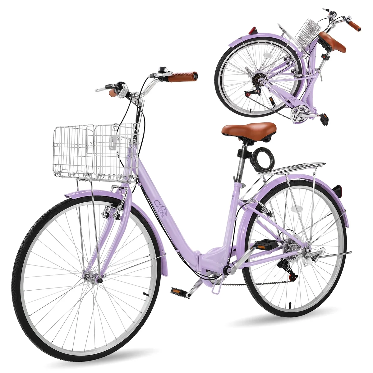 Ktaxon 26in Folding Beach Cruiser Bike for Women, 7-Speed City Commuter Bike with Lock, Basket & Rack, Purple 7936