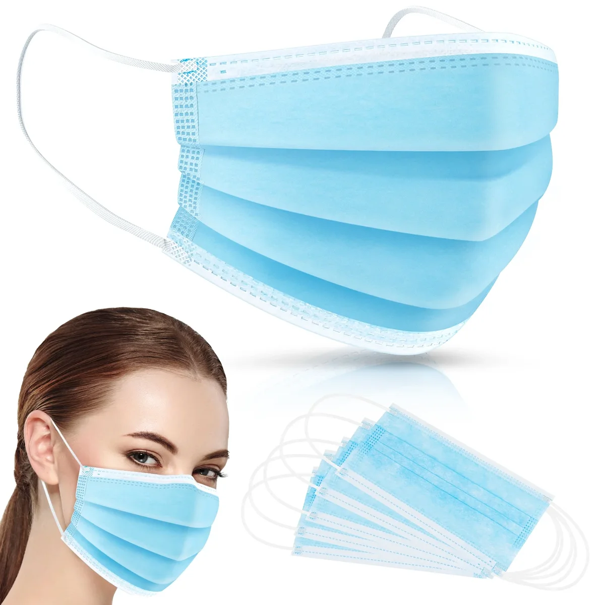 HDFK Face Mask Disposable Adults 3Ply Non-Woven with Nose Clip Ear Loop Blue 100 Pcs 2062